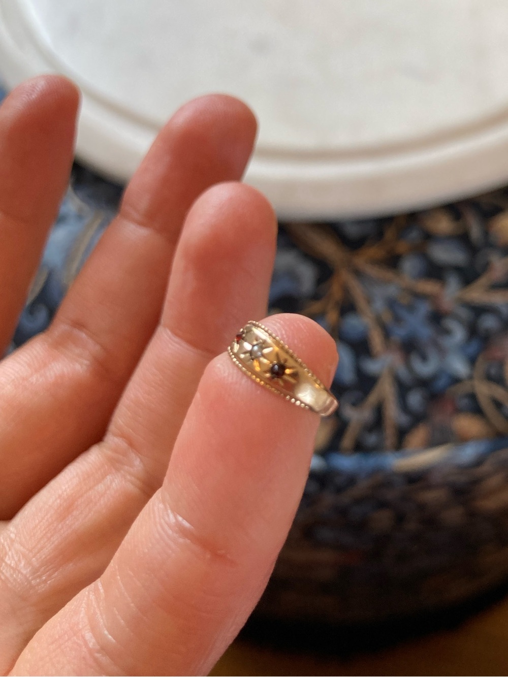 Antique Victorian 10K Rose-Cut Garnet & Seed Pearl Starburst Ring Tiny Size - Picture 7 of 12